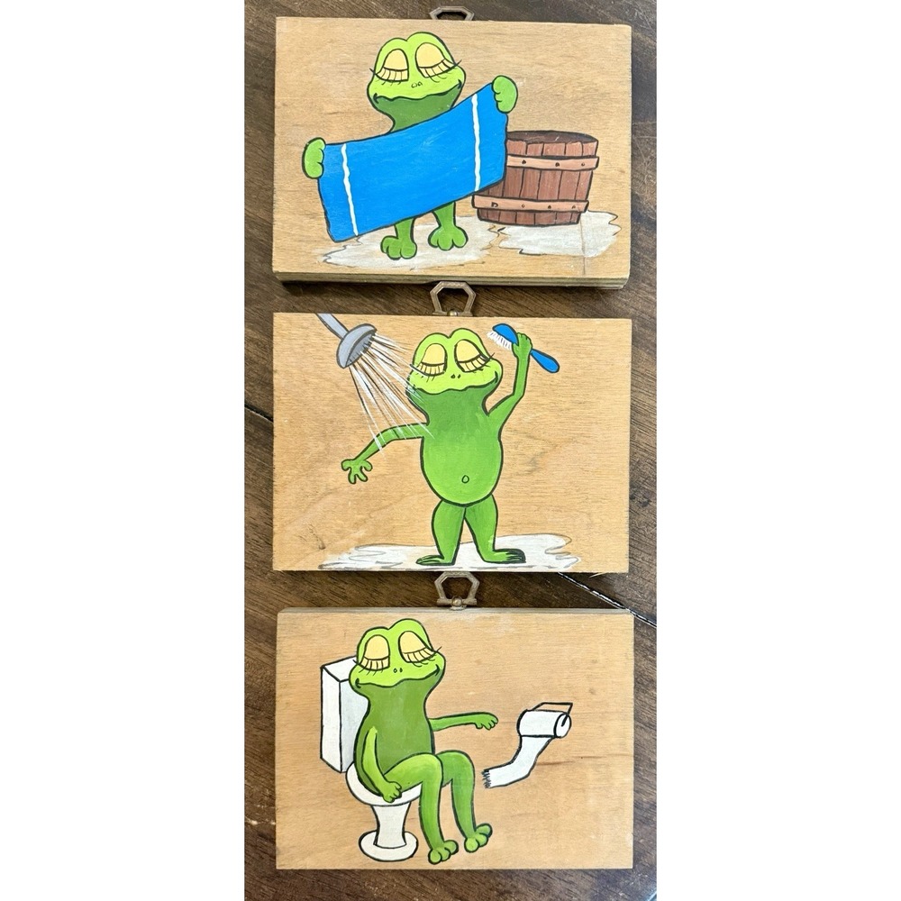 Vintage Frog Bathroom Wall Art Set Wood Hand Painted Bath Decor 3pc